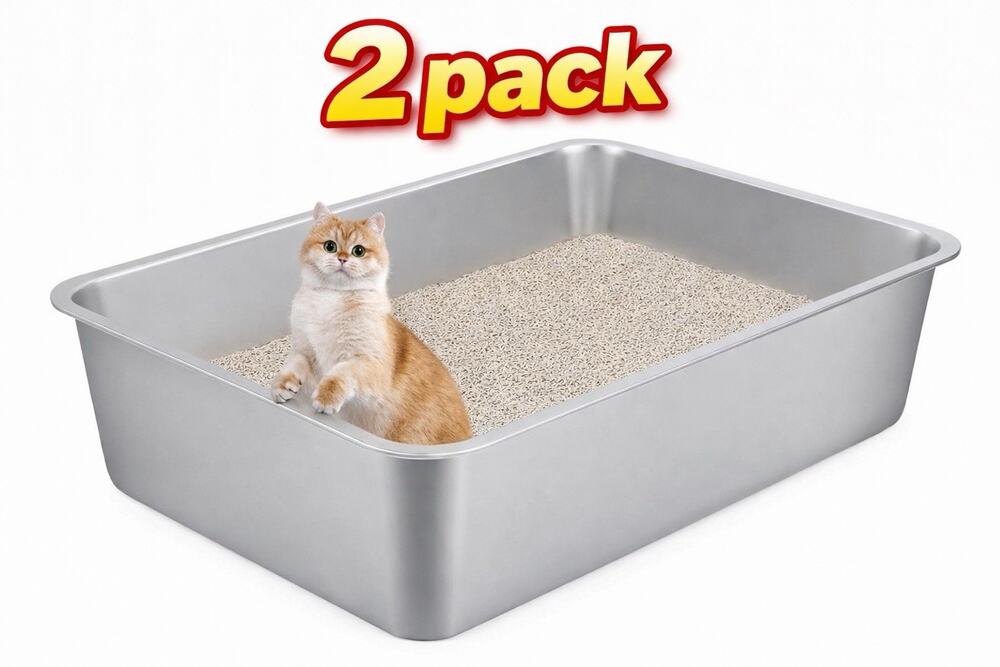 Set 2 Pcs Stainless Steel High Sided Cat LitterBox Large Rustproof Odor Control